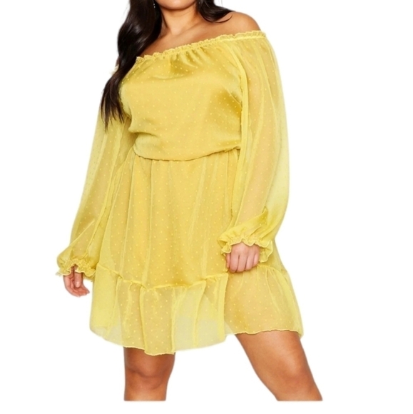 Boohoo off shoulder dress yellow size 20 Swiss dot plus size Dooby skater - Picture 1 of 8